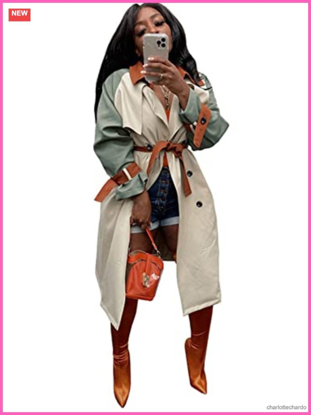 Women's Double Breasted Trench Coat with Belt Long Sleeve Windbreaker